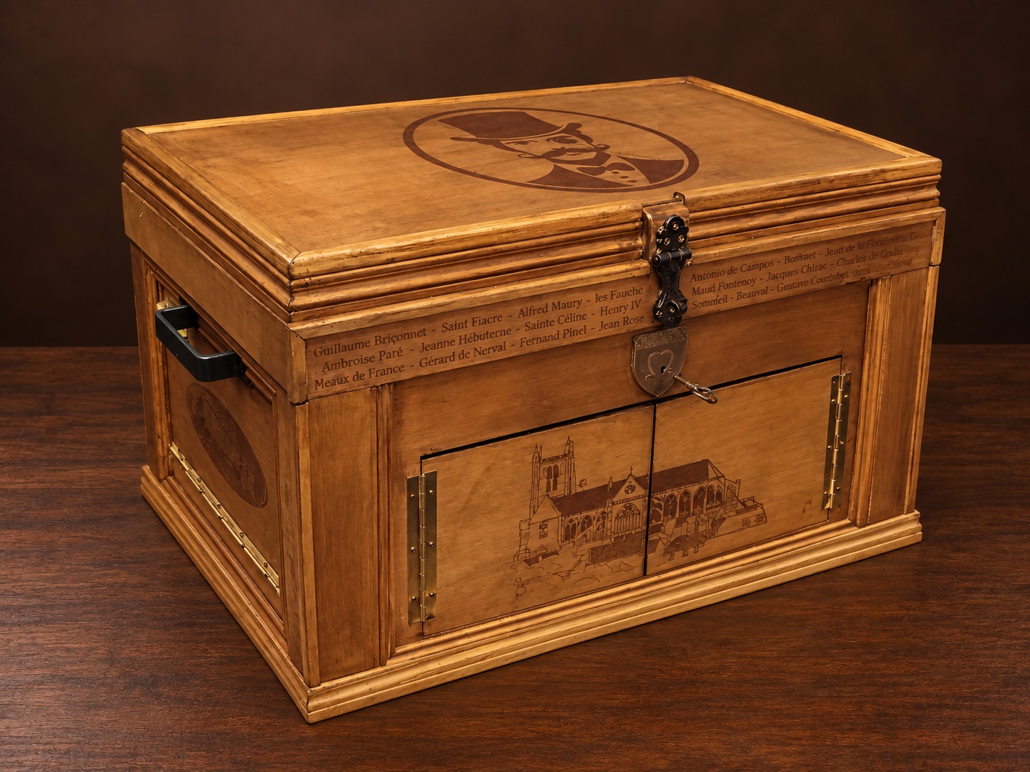 Malle en bois gravée réalisée pour la médiathèque de Meaux, autour du patrimoine local